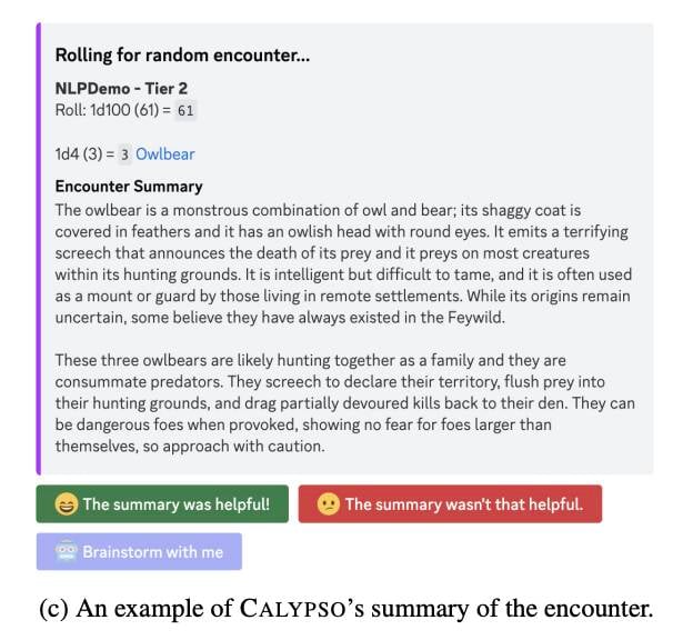 A screenshot of the Discord bot Calypso's output. It gives information for rolling for a random encounter and below is the rating interface that Calypso experiment participants used to rate the system.
