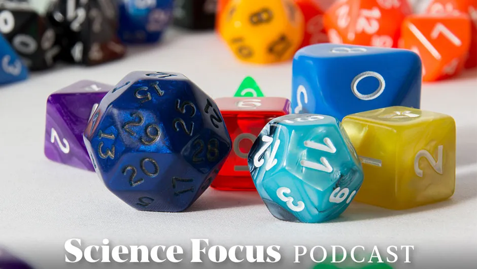 A set of dice of different colors and numbers of sides. Below is the text 'Science Focus Podcast'.