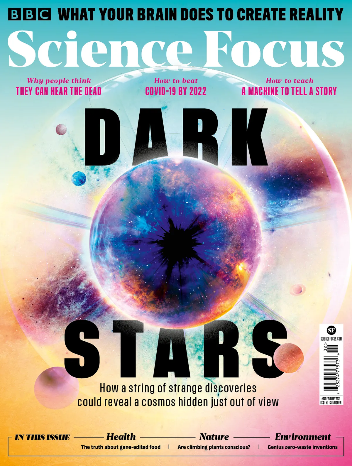 A picture of Science Focus Magazine's cover for their Dark Stars issue. It has a stylized illustration of a dark star.